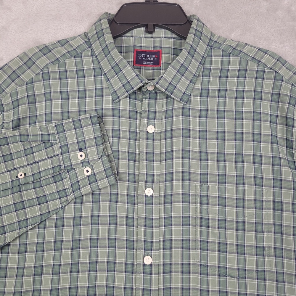 UNTUCKIT MENS 2XL Green Plaid Long Sleeve Button Up Shirt Polyester Performance